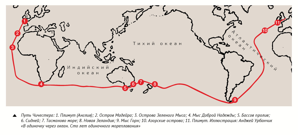 карта кругосветного путешествия Фрэнсиса Чичестера